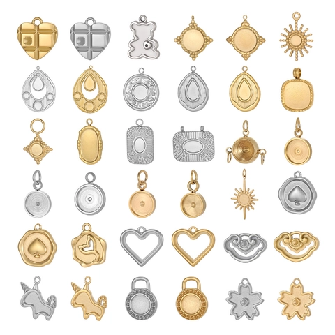 Stainless Steel Geometric DIY Pendants Square Round Heart Unicorn Sun Flower Drip Oil Charms For Jewelry Making Accessories