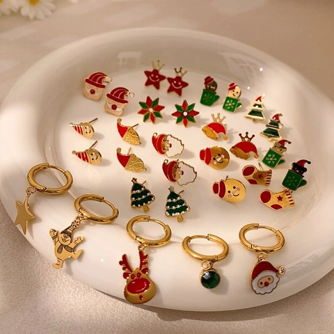 Festive Christmas Enamel Alloy Stud Earrings Santa Claus Snowman Tree Stocking Snowflake Jewelry For Women Party Gift
