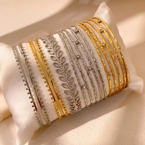 Bracciale Rigido Aperto Multistrato in Acciaio al Titanio Placcato Oro Argento Foglie Martellate Zircone Gioielli Impilabili Per Donna
