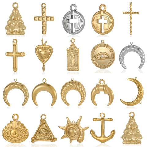 Stainless Steel Cross Star Moon Round Pendant Charms Rhinestone Evil Eye Virgin Mary Anchor Heart DIY Jewelry Accessories