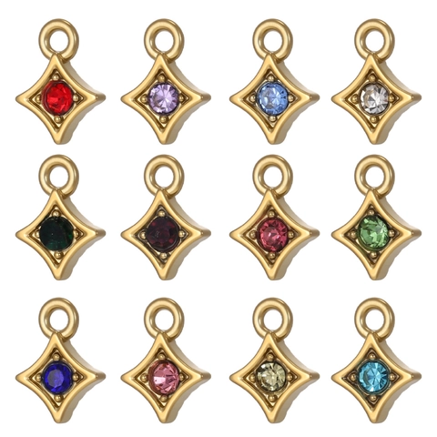 Stainless Steel Rhombus Birthstone Pendant Gold Plated Rhinestone Jewelry Making Elegant Accessories For Women DIY Craft