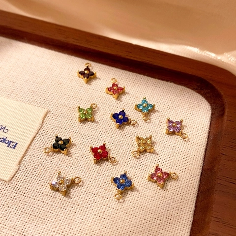 Stainless Steel Zirconia Flower Pendant For Jewelry Making DIY Necklace Connector Gold Plated Multicolor Four Petal Small Charms
