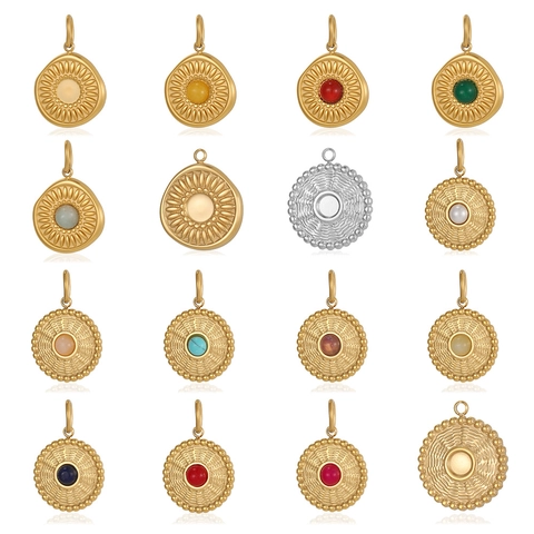 Vintage Stainless Steel Round Pendant Only (Without Chain) Inlaid Natural Stone For DIY Jewelry Making French Retro Golden Charms For Women