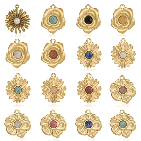 Vintage Stainless Steel Flower Pendants Inlaid Turquoise Artificial Pearl Sunflower Rose Charms For DIY Jewelry Making Accessories