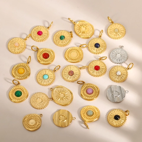 Vintage Stainless Steel Round Pendant Only (Without Chain) Inlaid Natural Stone For DIY Jewelry Making French Retro Golden Charms For Women