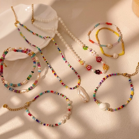 Collana di Perline Colorate Dopamina Estiva per Donna Ciondolo Barocco con Perla Artificiale Cuore Fiore Catena da Clavicola Gioielli
