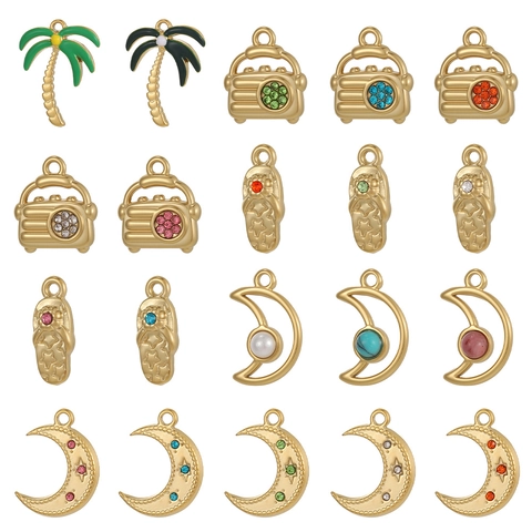 Titanium Steel DIY Pendant For Jewelry Making Palm Tree Radio Slipper Moon Inlaid Rhinestone Enamel Craft Accessories