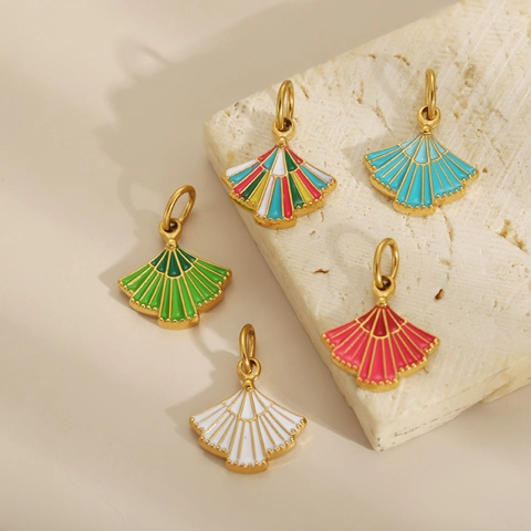 Vintage Stainless Steel Enamel Rose Fan Pendants DIY Jewelry Accessories Geometric Bowknot Rhinestone Charms For Necklaces