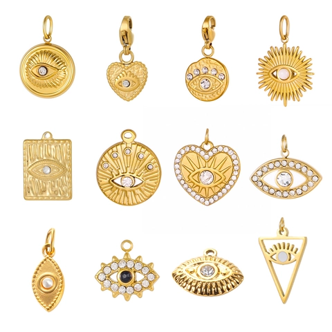 Pendentif en Acier Inoxydable Plaqué Or Mauvais Œil pour Création Bijoux DIY Pendentifs Cœur Soleil Rond Zirconium