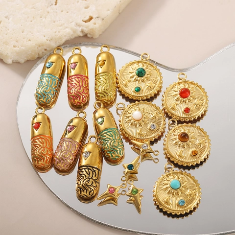 Vintage Stainless Steel Gold Plated DIY Pendant Capsule Celestial Round Sun Moon Star Charm For Jewelry Making Necklaces Women