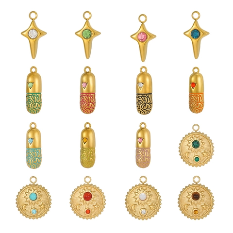 Vintage Stainless Steel Gold Plated DIY Pendant Capsule Celestial Round Sun Moon Star Charm For Jewelry Making Necklaces Women