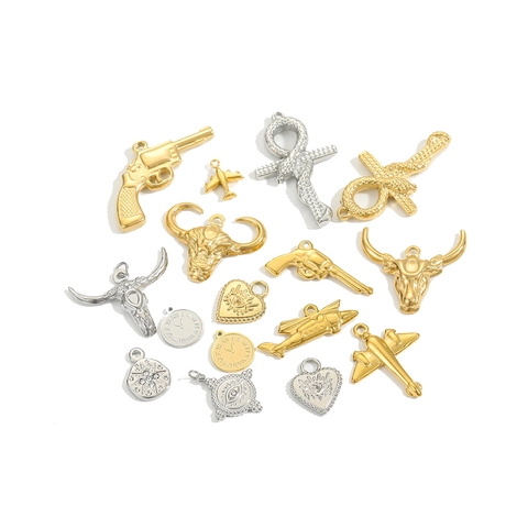 Stainless Steel Airplane Bull Head Ankh Snake Gun DIY Pendants Vintage Punk Metal Charms For Necklace Jewelry Making