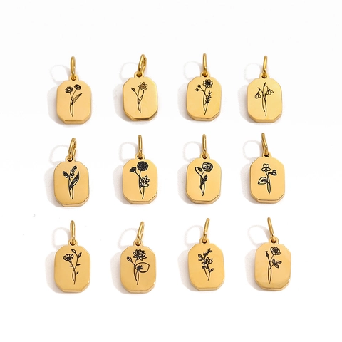 Roestvrij Stalen Geboortebloem Hanger Rechthoek Octogoon Bedeltje Voor DIY Sieraden Maken Ketting Accessoires Minimalistische Gegraveerde Bloem Hanger