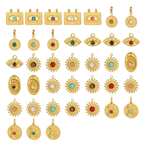 Retro Edelstahl Böses Auge Sonne Mond Anhänger Gold Plattiert Naturstein Eingelegte Charms Für DIY Schmuckherstellung Damen Halskette Zubehör