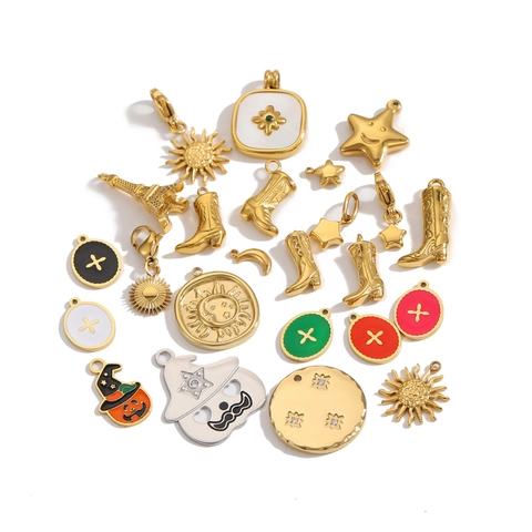 Roestvrijstalen Emaille Charms Voor Sieraden Maken Zon Ster Maan Halloween Pompoen Heksenhoed Cowboy Laars Eiffeltoren Hangers Voor DIY Ketting Armband