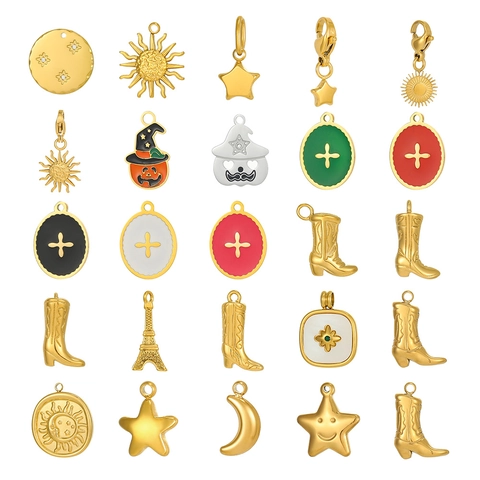 Roestvrijstalen Emaille Charms Voor Sieraden Maken Zon Ster Maan Halloween Pompoen Heksenhoed Cowboy Laars Eiffeltoren Hangers Voor DIY Ketting Armband