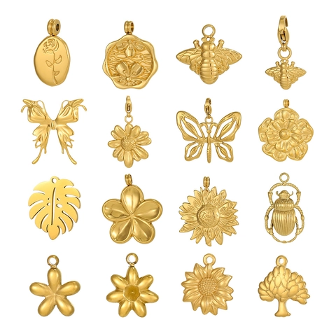 French Elegant Stainless Steel Vacuum Gold Plated Butterfly Bee Flower DIY Pendants Vintage Fashion Jewelry Making Charms