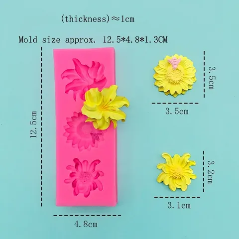 Molde de Silicona Triple Flor Crisantemo Lirio Girasol para Pastel Fondant Chocolate Aromaterapia DIY Herramienta Horneado Rosa