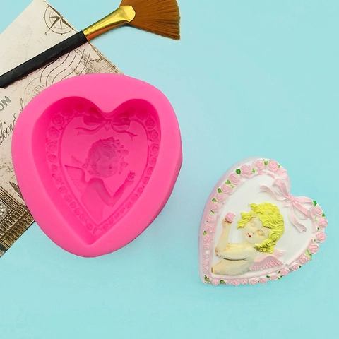 Angel Heart Silicone Mold With Rose Wreath Bowknot 3D Relief Fondant Cake Mold DIY Soap Candle Plaster Baking Tool