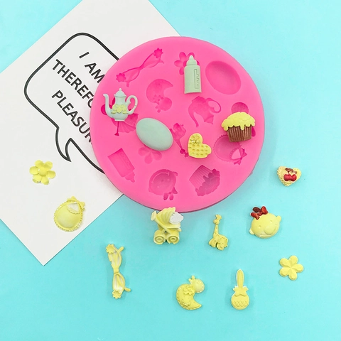 Baby Shower Silicone Mold For Fondant Cake Decoration Pink Bottle Stroller Teapot Chocolate Clay DIY Molding Baking Tool