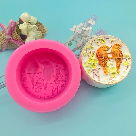 Stampo in Silicone con Uccello e Ramo di Fiori di Prugno per Torta Fondente Cioccolato Fai da Te Sapone Resina Tondo