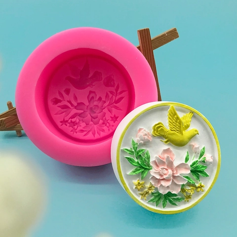 3D Vogel Und Pfingstrose Silikonform Für DIY Handgemachte Seife Kerze Harz Gips Pfingstrose Relief Rund Backform Rosa