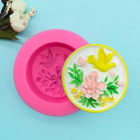 3D Vogel Und Pfingstrose Silikonform Für DIY Handgemachte Seife Kerze Harz Gips Pfingstrose Relief Rund Backform Rosa