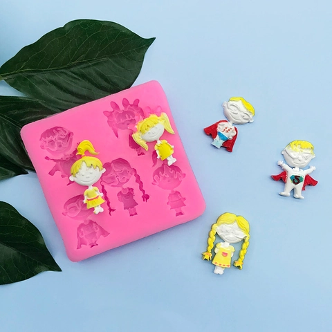 Cartoon Superhero Boy Girl Silicone Mold For DIY Fondant Chocolate Cake Baking Decoration Square Pink Silicone Mold