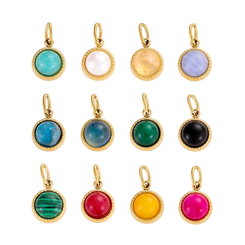 Round Stainless Steel Pendant Charm With Colorful Gemstone Vintage DIY Jewelry Making Accessories Gold Plated