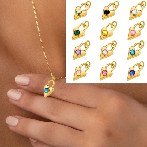 Stainless Steel Heart Lock Pendant Necklace Gold Plated Colored Zirconia Birthstone Jewelry For Women Gift