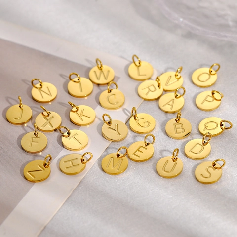 Stainless Steel Alphabet Round Pendant DIY Jewelry Accessory Vacuum Electroplated Gold Silver Letter Initial Coin Charm For Crafting