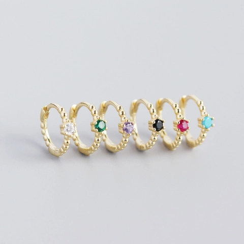 925 Sterling Silver Huggie Hoop Earrings For Women Minimalist Beaded Edge Single Rhinestone Inlaid Geometric Jewelry Accessories