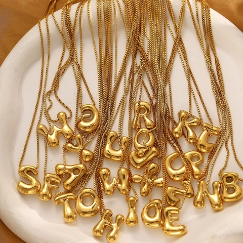 Collana con Pendente a Lettera Bubble Placcata in Oro 18K Moderna per Uomo Donna Alfabeto A-Z Catena a Box Alta Lucidatura Gioielli alla Moda