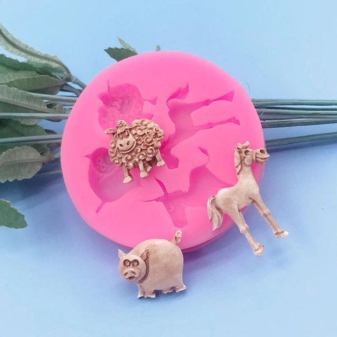 Molde de Silicona Redondo Rosa con Formas de Oveja Cerdo Caballo Burro para Decoración de Pasteles Fondant Chocolate DIY