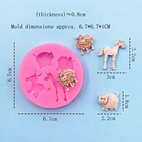 Molde de Silicona Redondo Rosa con Formas de Oveja Cerdo Caballo Burro para Decoración de Pasteles Fondant Chocolate DIY