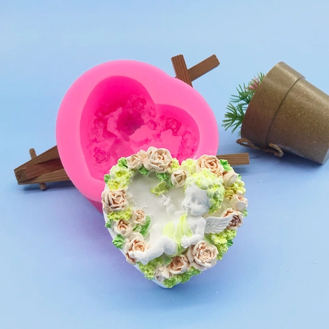 Herzform Rosenblüte Engel Baby Silikonform Für DIY Handgefertigte Seife Kuchen Schokolade Gips Ornament Backwerkzeug