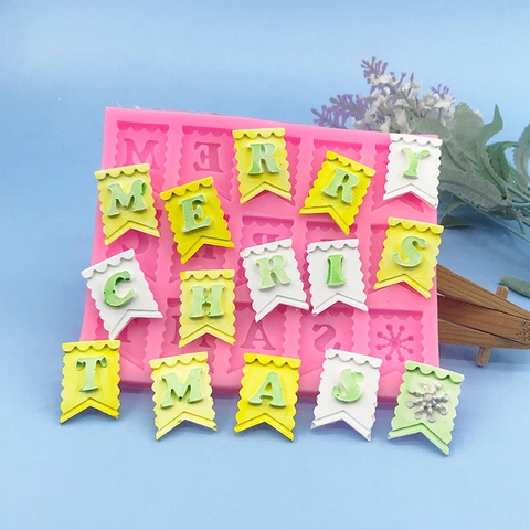 Merry Christmas Happy Birthday Bunting Flag Silicone Mold For Fondant Cake Chocolate Baking DIY Craft Pink Silicone Mold