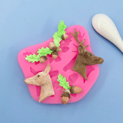 Weihnachten Hirschkopf Eichel Eichenblatt Silikonform Für Tortendekoration Schokolade Fondant DIY Backwerkzeug