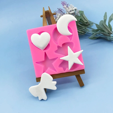 Molde de Silicona Estrella Luna Corazón Lazo para Decoración de Pasteles Chocolate Fondant Sugarcraft Herramientas DIY Rosa