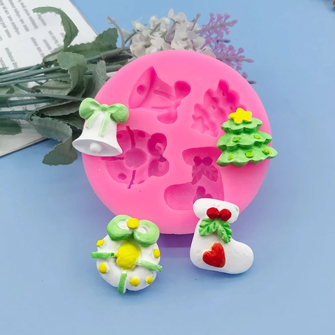 Moule en Silicone Thème Noël Fondant Cloche Sapin Chaussette Forme Chocolat Pâtisserie Décoration de Gâteau Outils DIY Rose