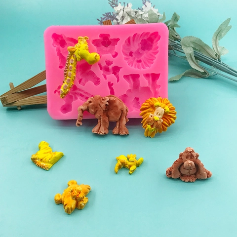 Molde de Silicona Animales de la Selva 3D León Elefante Jirafa Mono Cebra DIY Chocolate Fondant Herramienta de Horneado
