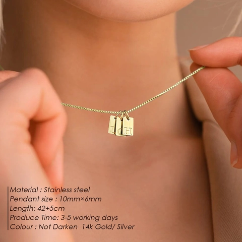 Stainless Steel Letter Pendant Necklace 14K Gold Plated Engraved Square Card Box Chain Clavicle Jewelry For Women Men