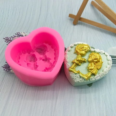 Molde de Silicona de Corazón 3D Con Relieve de Ángel Rosa para Jabón Artesanal DIY Vela Yeso Chocolate Herramienta Rosa