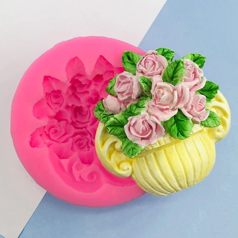 3D Rose Flower Basket Silicone Mold Pink Floral Relief Cake Fondant Baking Tool For Handmade Soap Resin Candle DIY Craft Decor