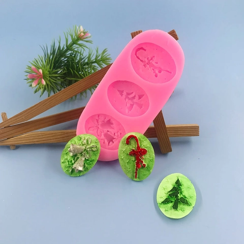 Molde de Silicona de Navidad Árbol Campana Bastón de Caramelo DIY Herramienta de Repostería Rosa 3 Cavidades Decoración