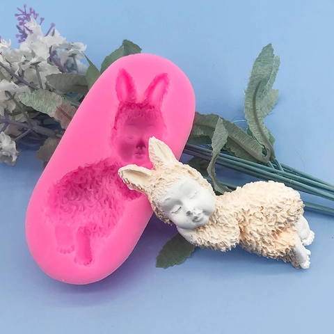 3D Slapend Konijn Baby Siliconen Vorm Voor Taart Mousse Pudding DIY Zeep Kaars Maken Tool Cartoon Bakken Accessoire Roze