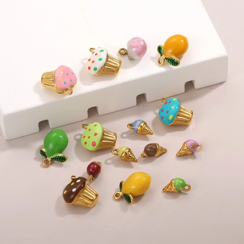 Stainless Steel Colorful Enamel Pendant Fruit Dessert Cupcake Lemon Ice Cream Charm For DIY Bracelet Necklace Jewelry Accessories