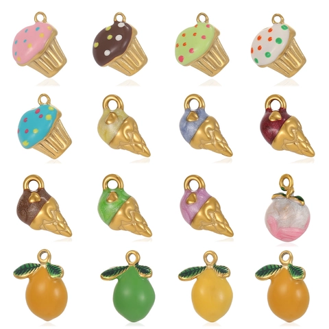 Stainless Steel Colorful Enamel Pendant Fruit Dessert Cupcake Lemon Ice Cream Charm For DIY Bracelet Necklace Jewelry Accessories
