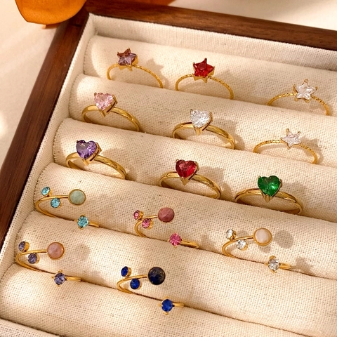 Anello Aperto in Acciaio Inossidabile con Zirconia Stella e Cuore da Donna Placcato Oro Regolabile Minimalista Gioielli Quotidiani