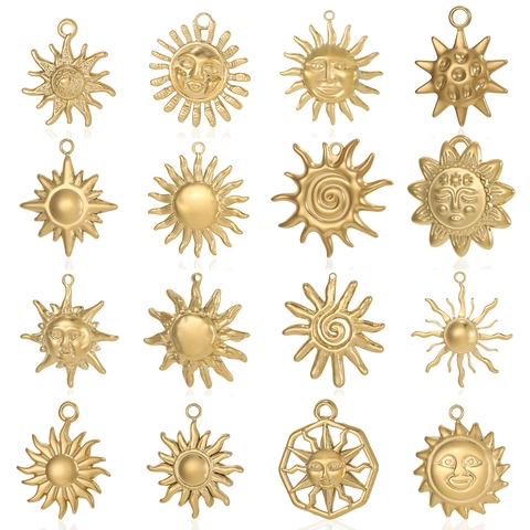 Vintage Gold Stainless Steel Sun Pendant Only Anthropomorphic Smiley Face Sun Starburst Charm For DIY Jewelry Making Accessories